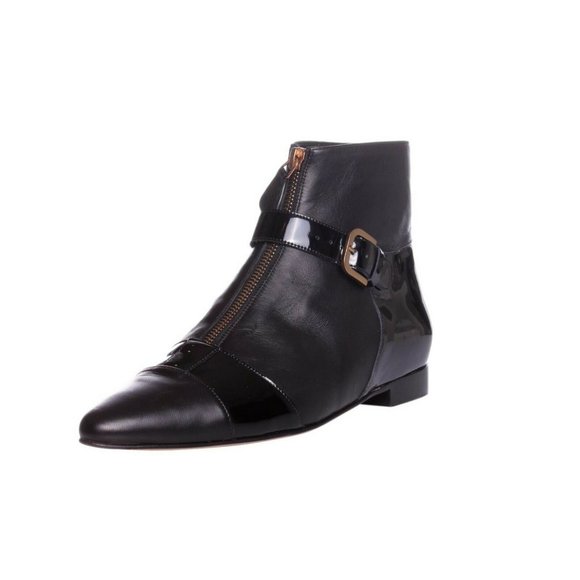 CHANEL Black Leather & Patent Flat Point Toe Zipper Ankle Boots - US 9 - Picture 1 of 9